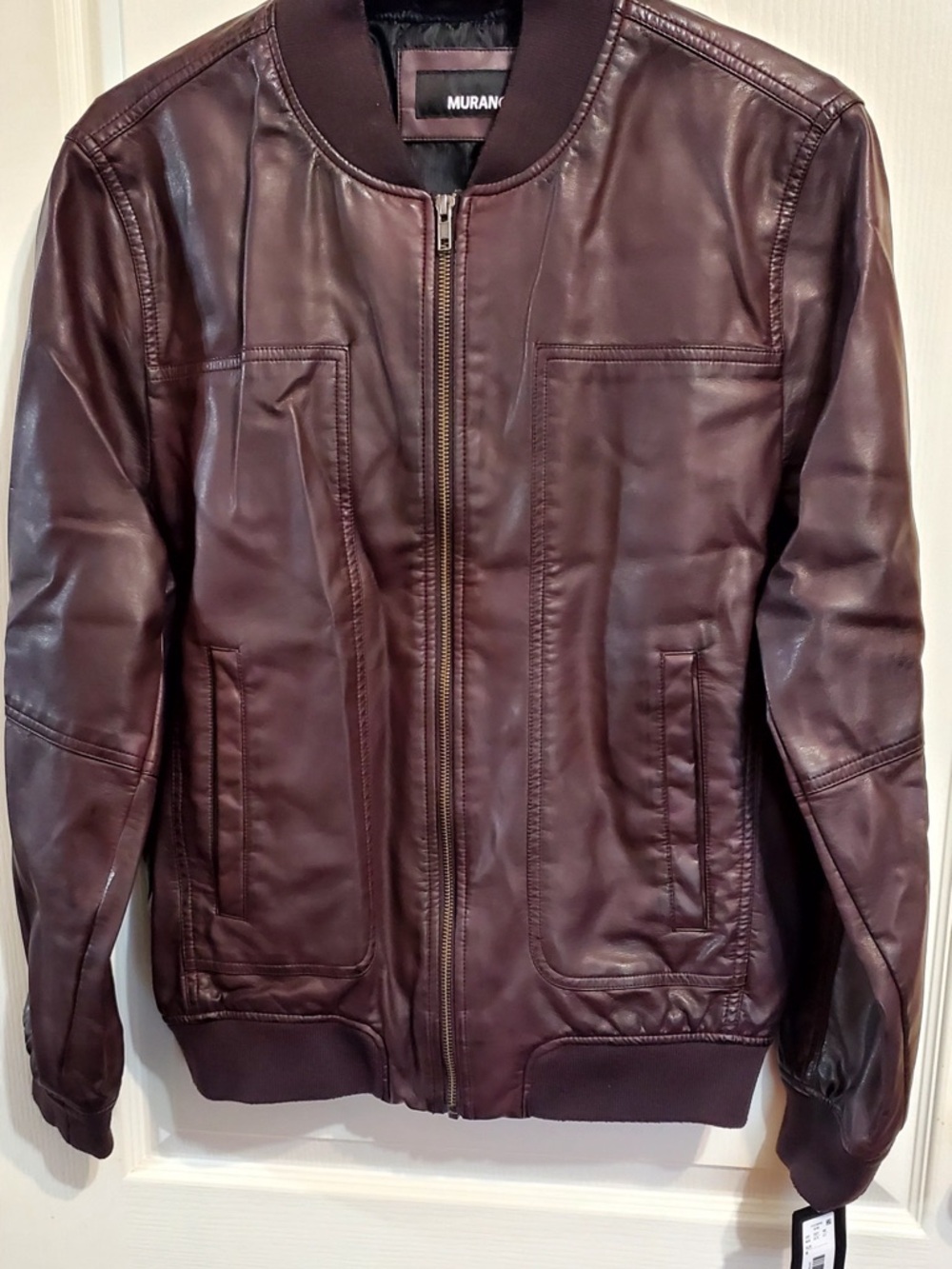 Murano Men's Burgundy Leather Bomber Jacket with Ribbed Collar new with tags